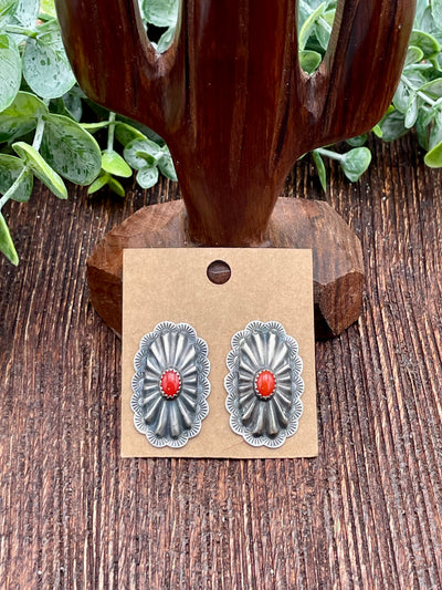 Lola Sterling Silver Oval Concho Post Earrings with Turquoise Stone