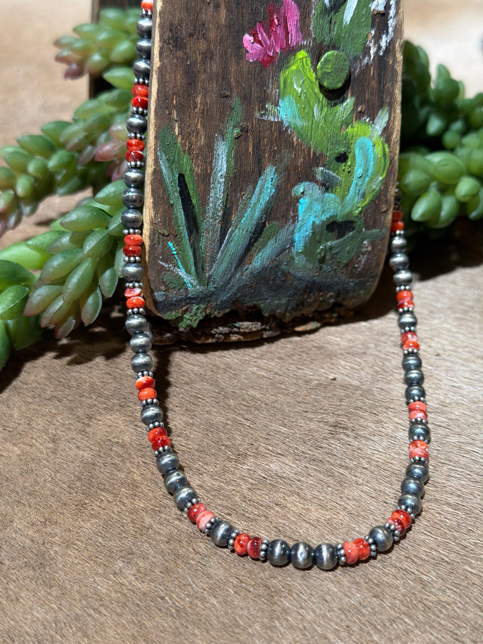 Nadine Sterling 4mm Navajo & Red Spiny Necklace - 18"
