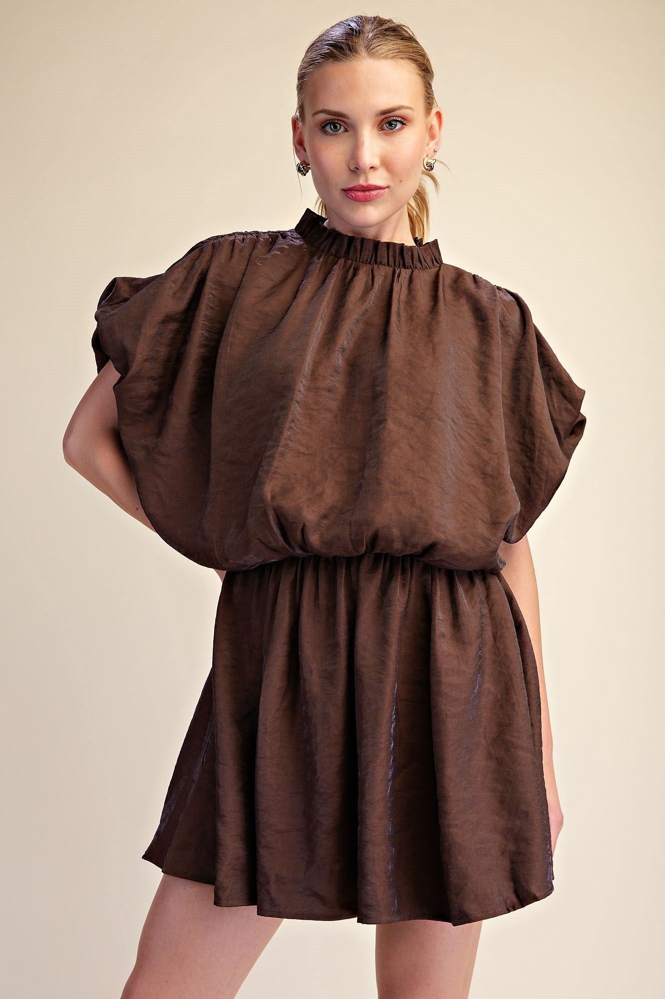 Norah Puff Sleeve Ruffle Neck Mini Dress D930