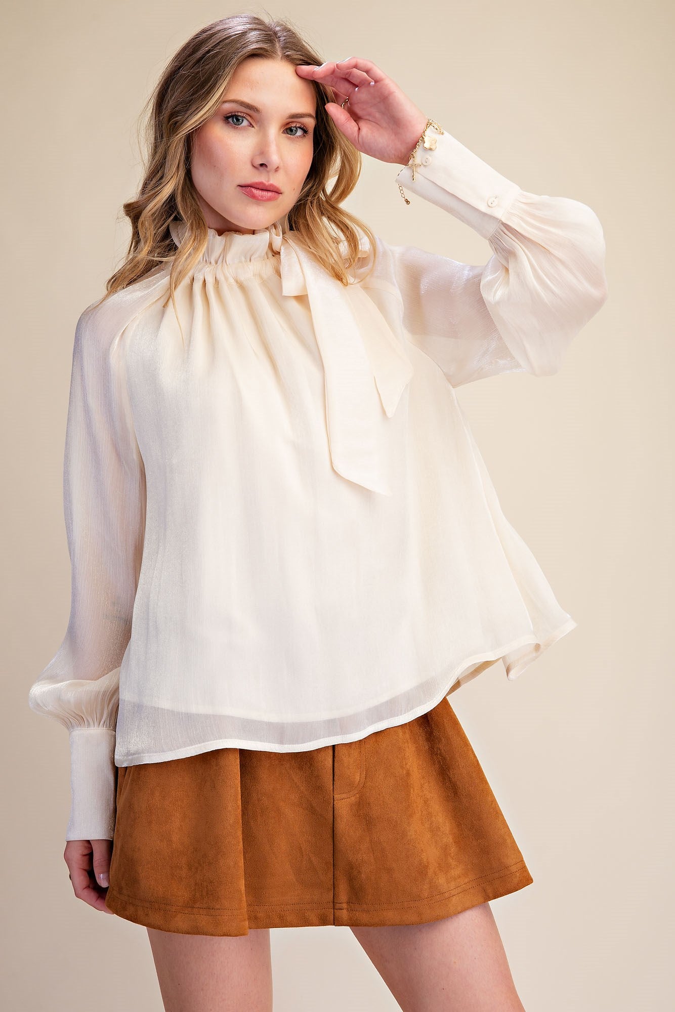 Havana Champagne Shimmer Ruffle Neck Tie Long Sleeve Blouse