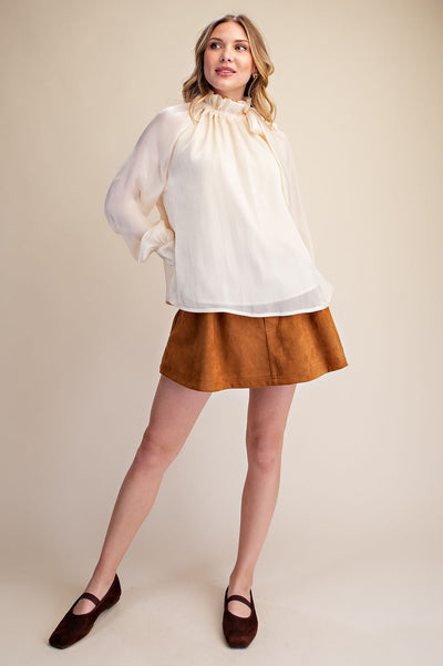Havana Champagne Shimmer Ruffle Neck Tie Long Sleeve Blouse