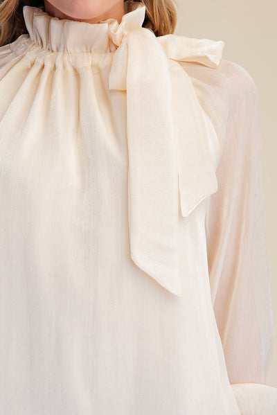 Havana Champagne Shimmer Ruffle Neck Tie Long Sleeve Blouse