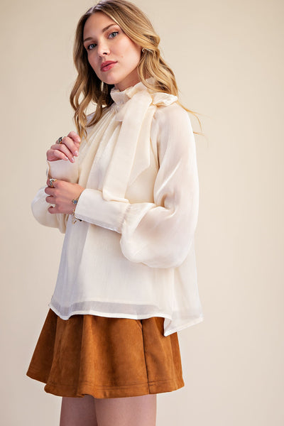 Havana Champagne Shimmer Ruffle Neck Tie Long Sleeve Blouse