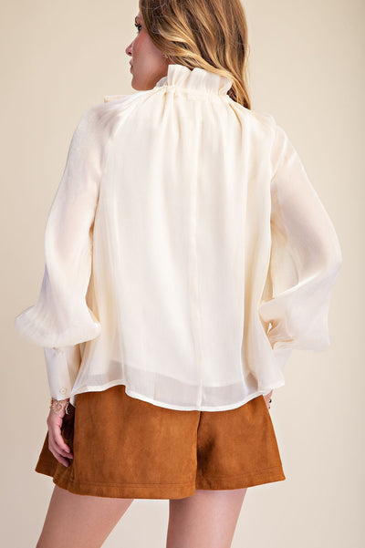 Havana Champagne Shimmer Ruffle Neck Tie Long Sleeve Blouse