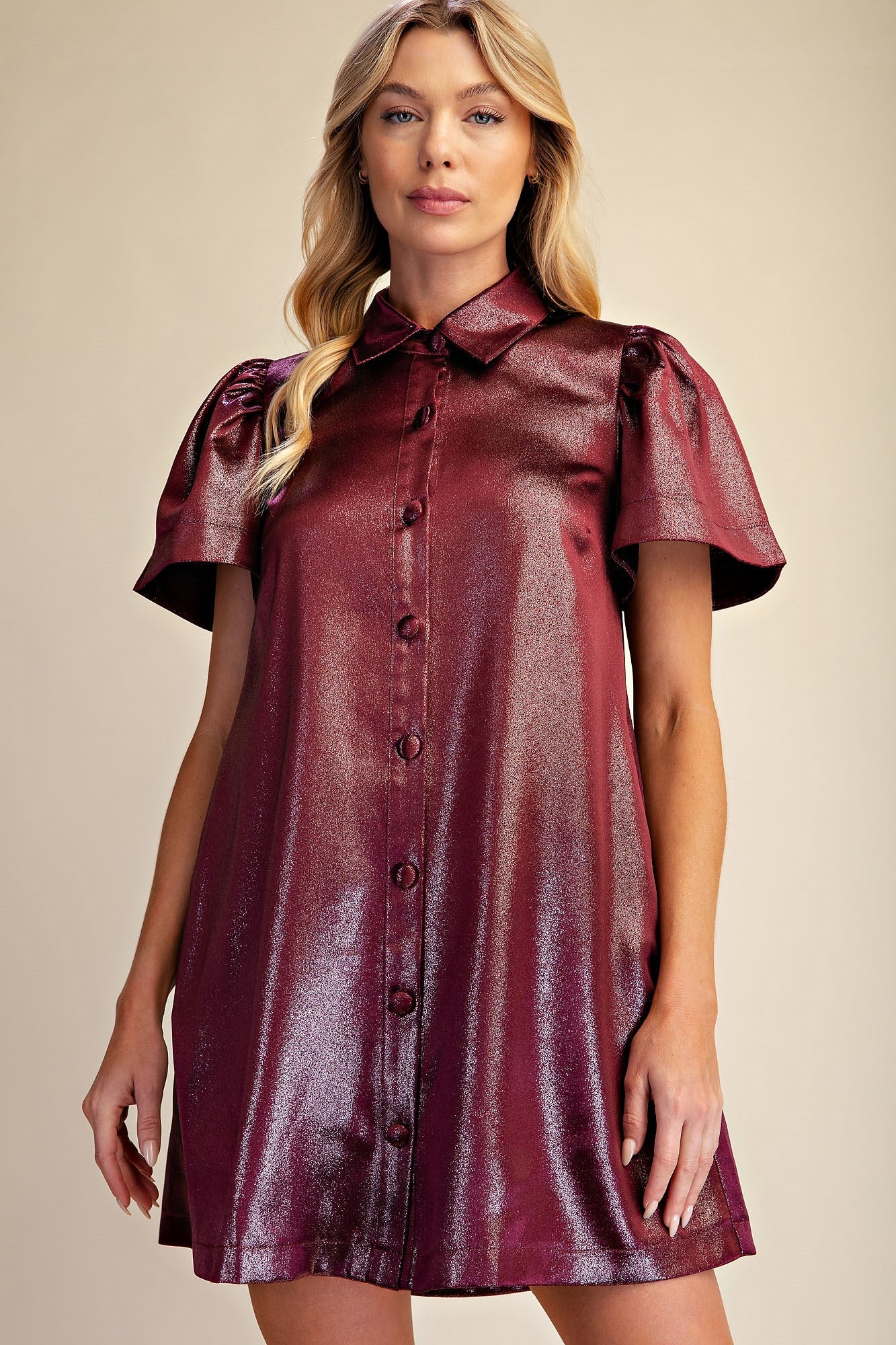 Deason Button Front Metallic Mini Dress - Burgundy