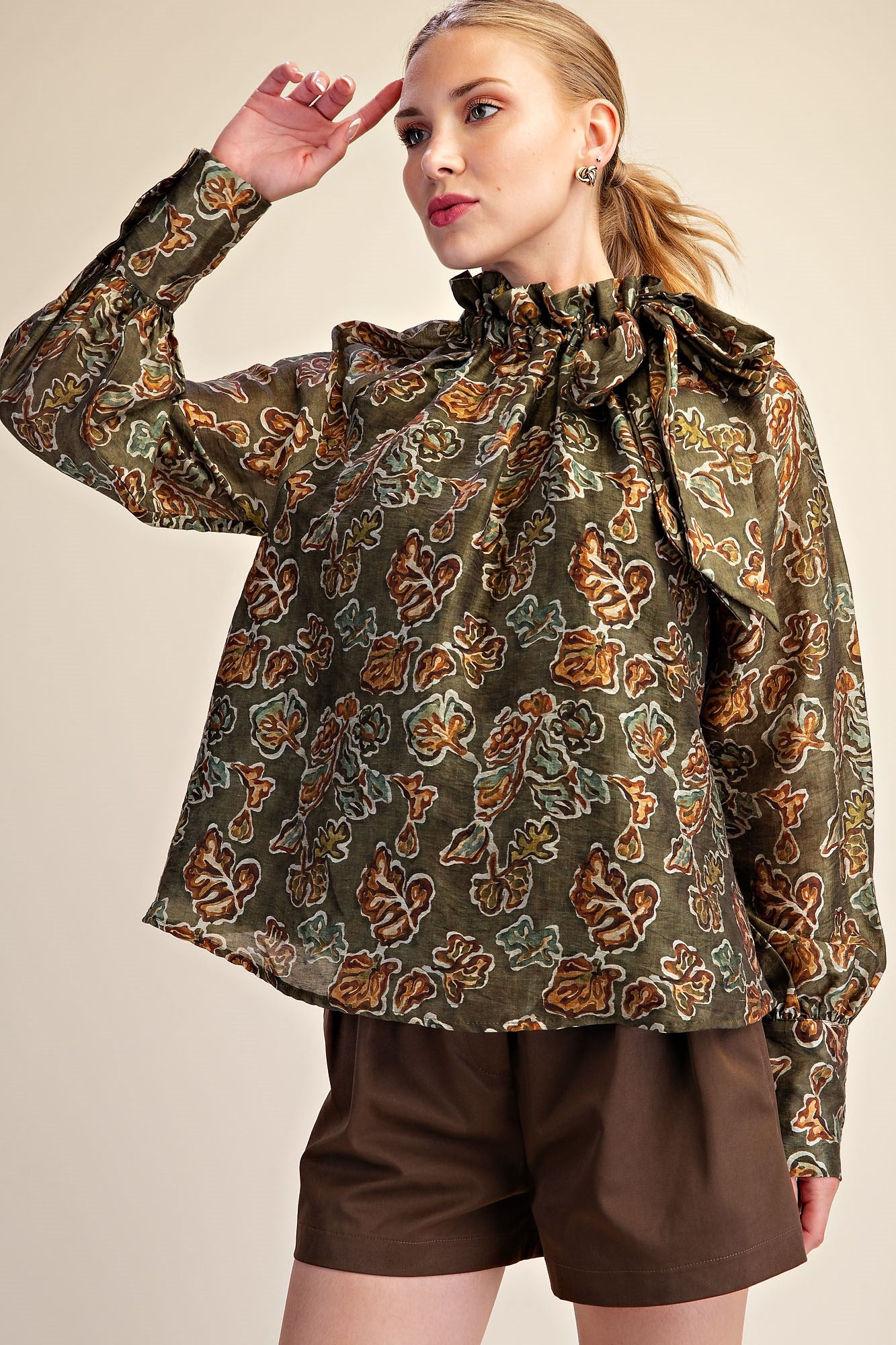 Leanna Olive Long Sleeve Ruffle Neck Blouse