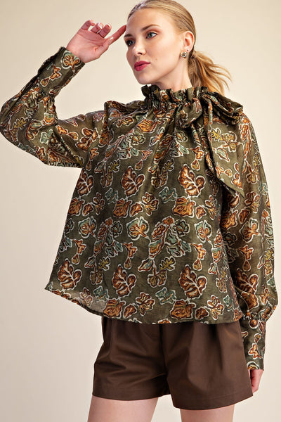 Leanna Olive Long Sleeve Ruffle Neck Blouse