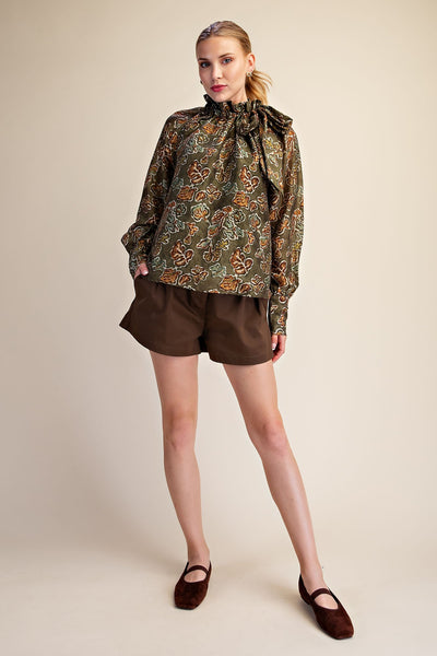 Leanna Olive Long Sleeve Ruffle Neck Blouse
