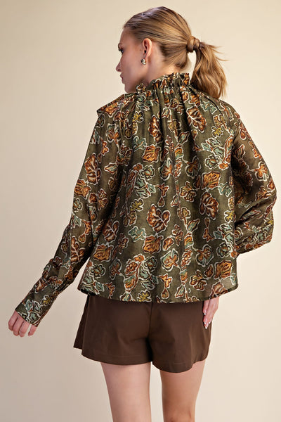 Leanna Olive Long Sleeve Ruffle Neck Blouse