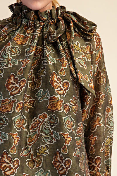 Leanna Olive Long Sleeve Ruffle Neck Blouse