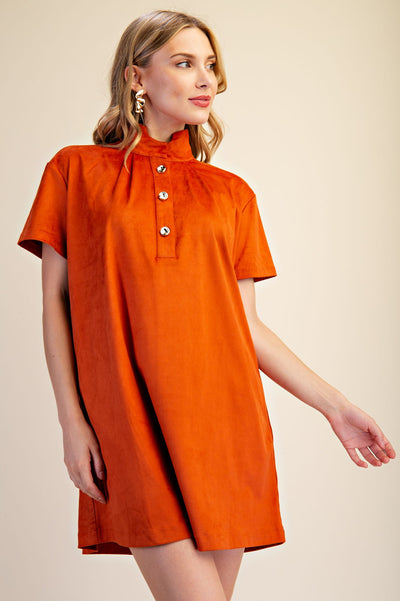 Olivia High Neck Button Down Mini Dress D8568 - Rust