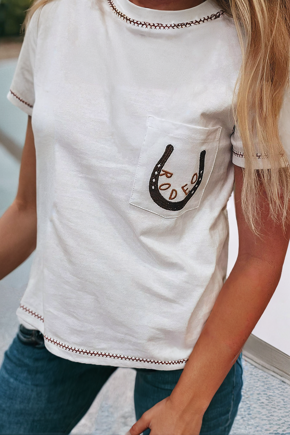 RODEO Horseshoe Embroidered Patch Pocket T Shirt