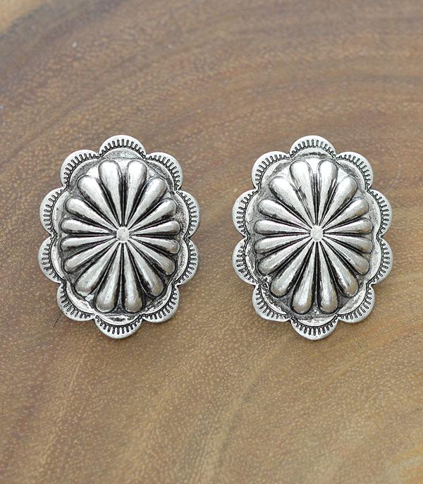 Fashion Silver Oval Concho Post Earrings - 1.5"
