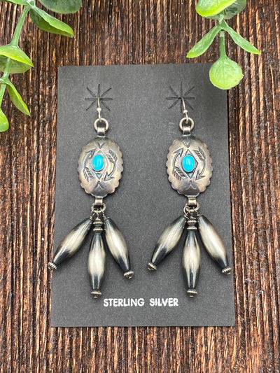 Patron Concho Triple Torpedo Bead Fish Hook Earrings - Turquoise