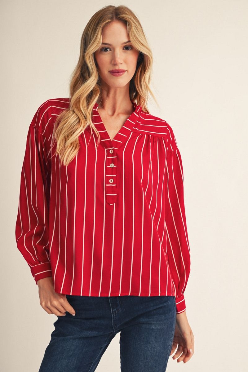 Betsy Long Sleeve Striped V Neck Blouse - Red