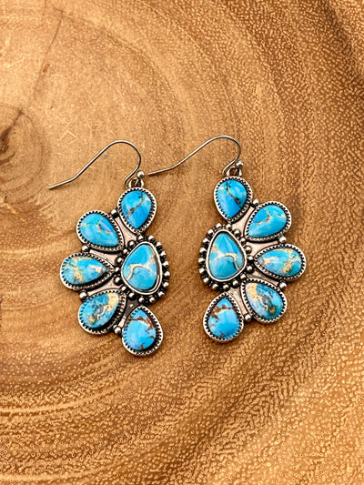 Pair of turquoise teardrop earrings on a wooden surface