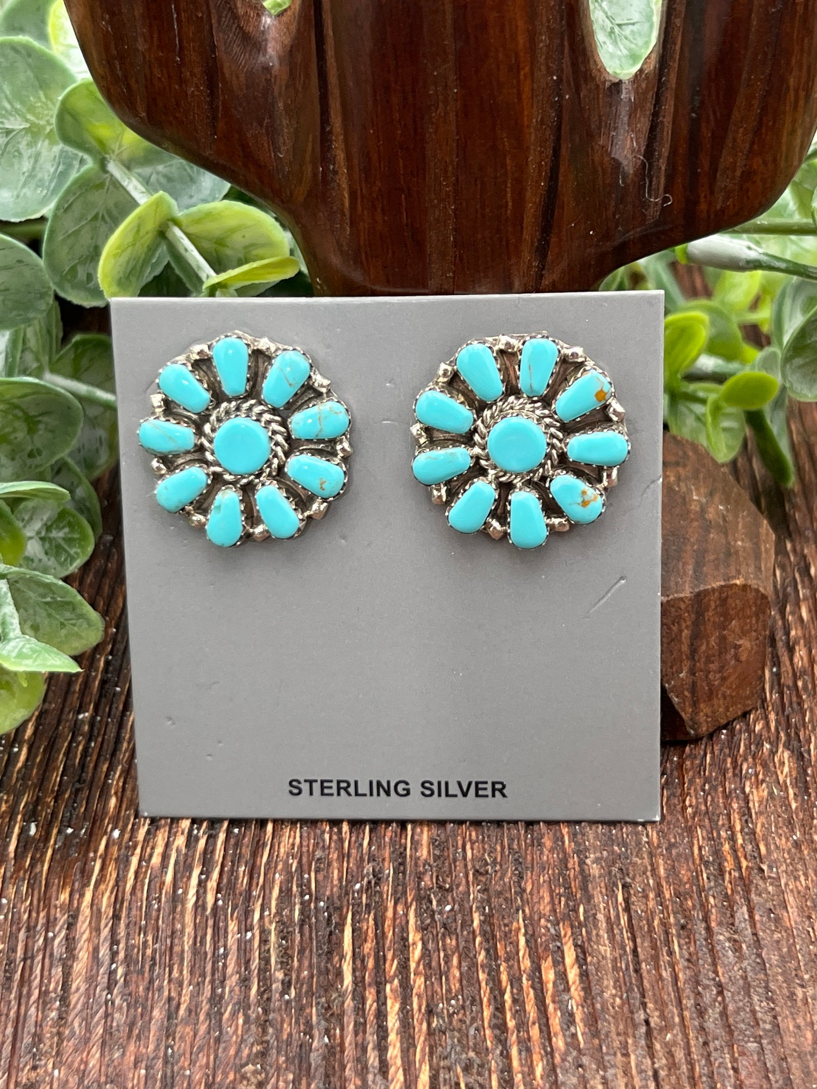 Kipper Sterling Flat Center Turquoise Flower Earrings - .8"
