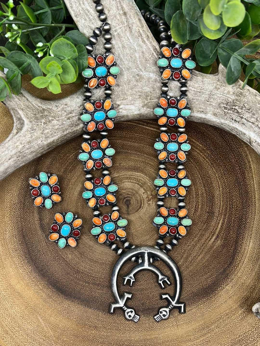 Multi Kokopelli Squash Blossom Necklace & Earrings Set