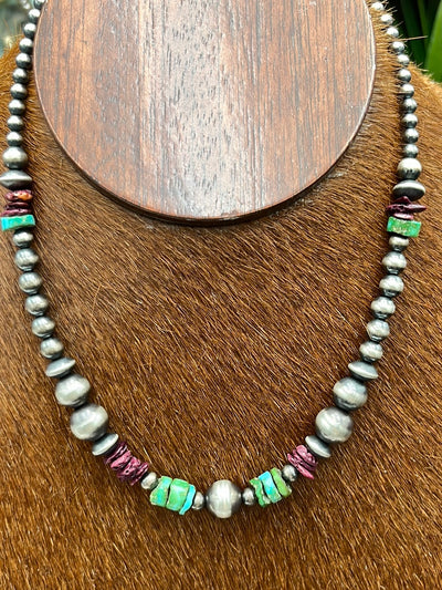 Edith Varied Navajo Necklace With Purple Spiny & Sonoran Gold Turquoise Accents - 16"