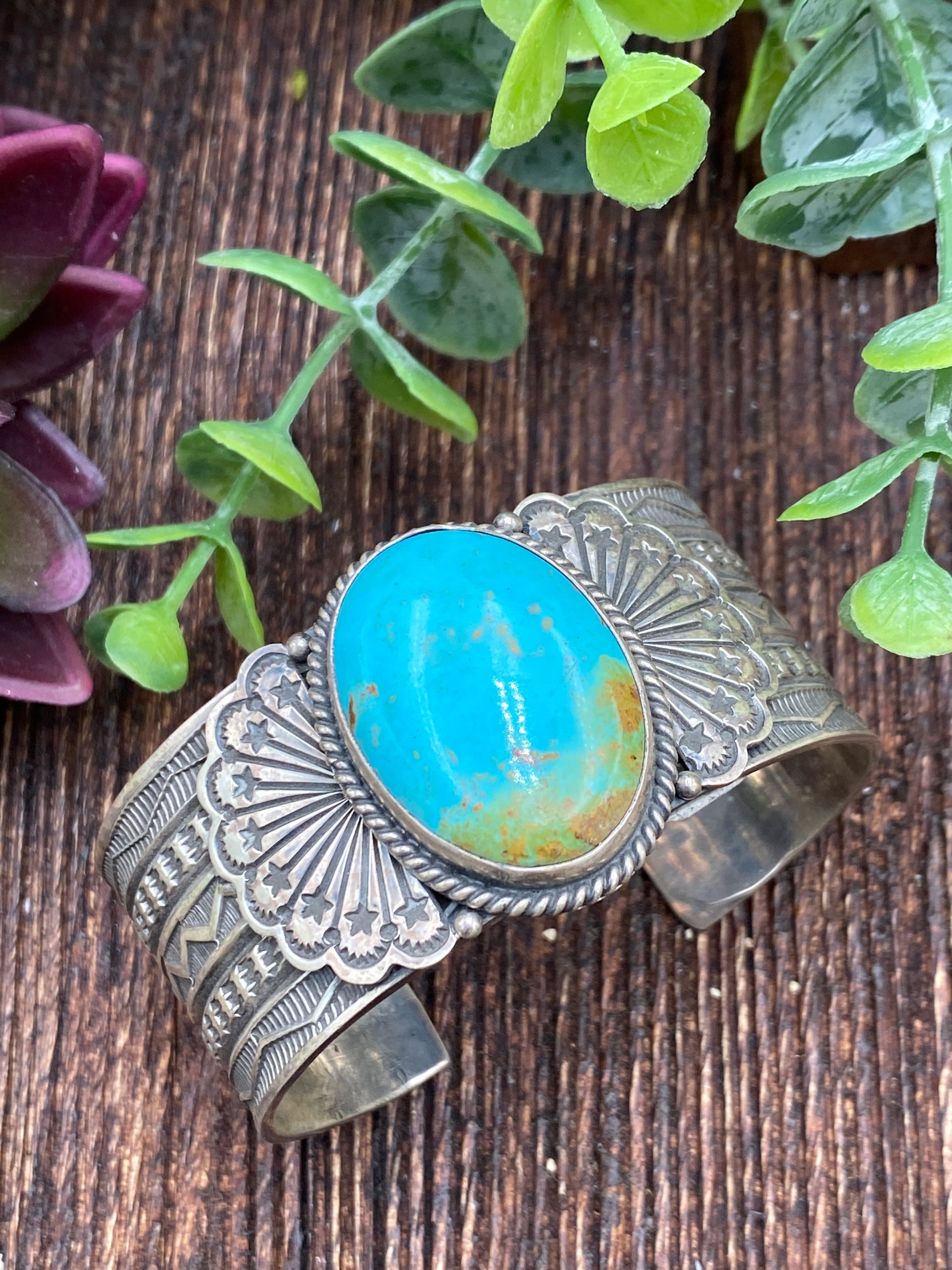 Pecos Kingman Turquoise Stamped Sterling Statement Cuff - 28mm