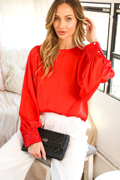 Sequin Cuff Detail Satin Blouse Top