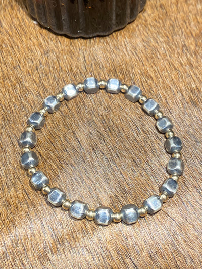 Terra Alternating Silver Cube Gold Bead Sterling Stretch Bracelet