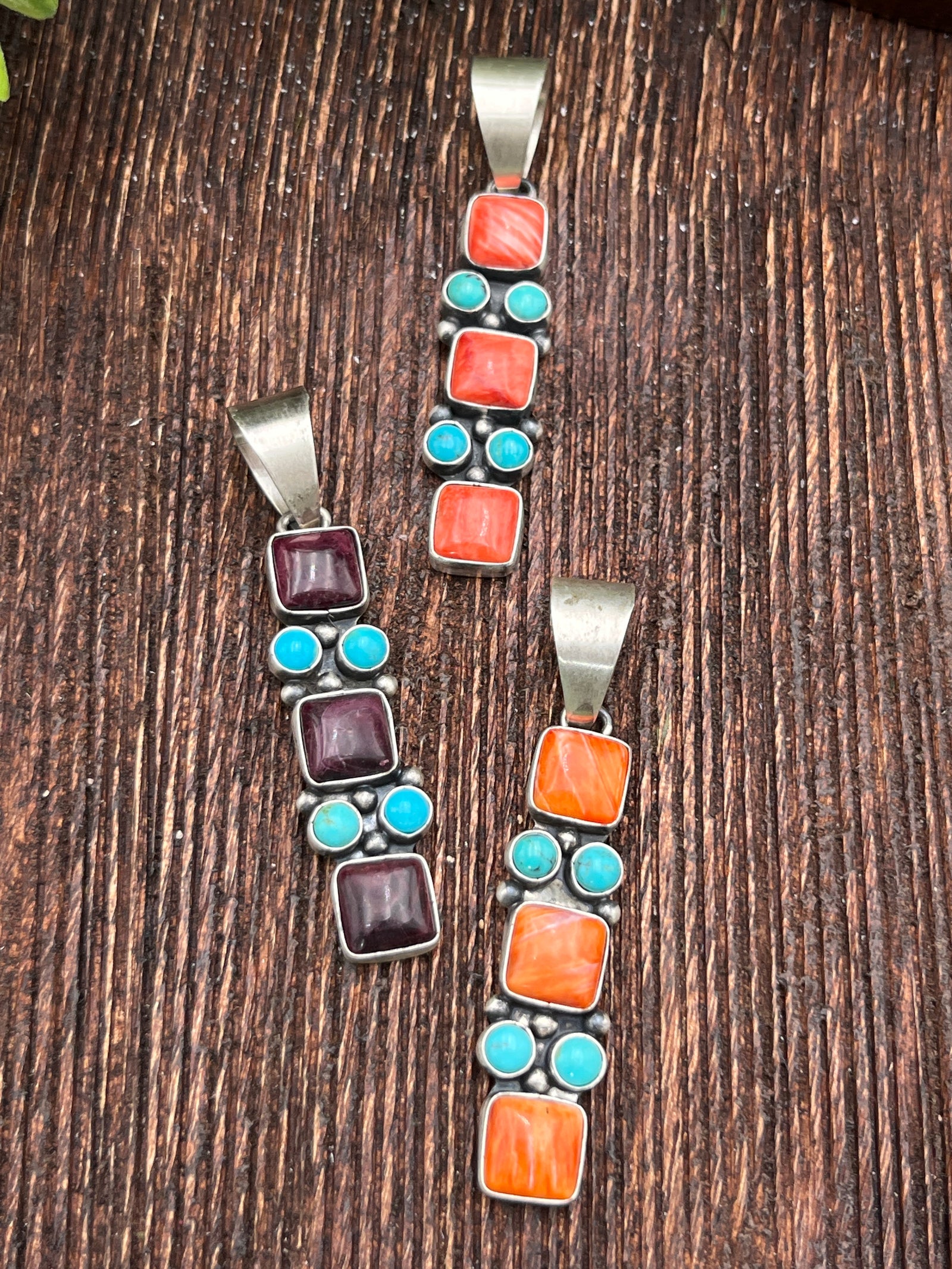 Millie Square & Round Stone Stacked Spiny Turquoise Sterling Pendant