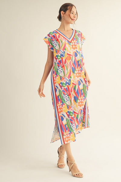 Kristin Multi Color Geo Print Midi Dress With Stripe Accents