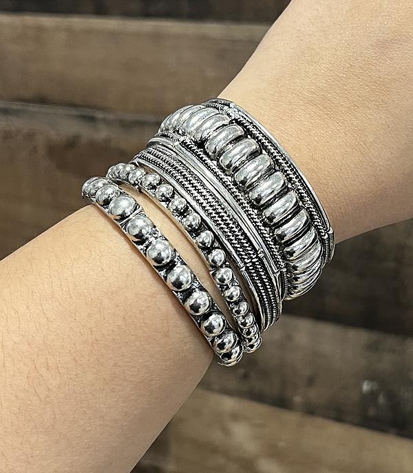 Olivera Raised, Studded Silver Stretch Bracelet Set