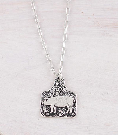 Double J Fashion Silver Tooled Farm Tag Necklace