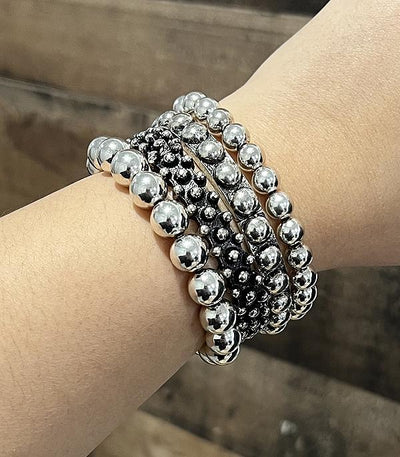 Preston Studded Silver Bead Stackable Fashion Bracelet Set - Silver