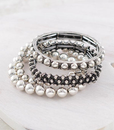 Preston Studded Silver Bead Stackable Fashion Bracelet Set - Silver