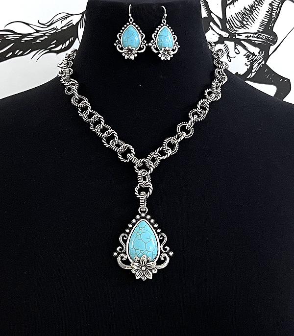 Regal Fashion Textured Link Floral Teardrop Necklace or Earrings - Turquoise