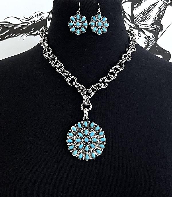 Pioneer Fashion Textured Link Cluster Necklace or Earrings - Turquoise