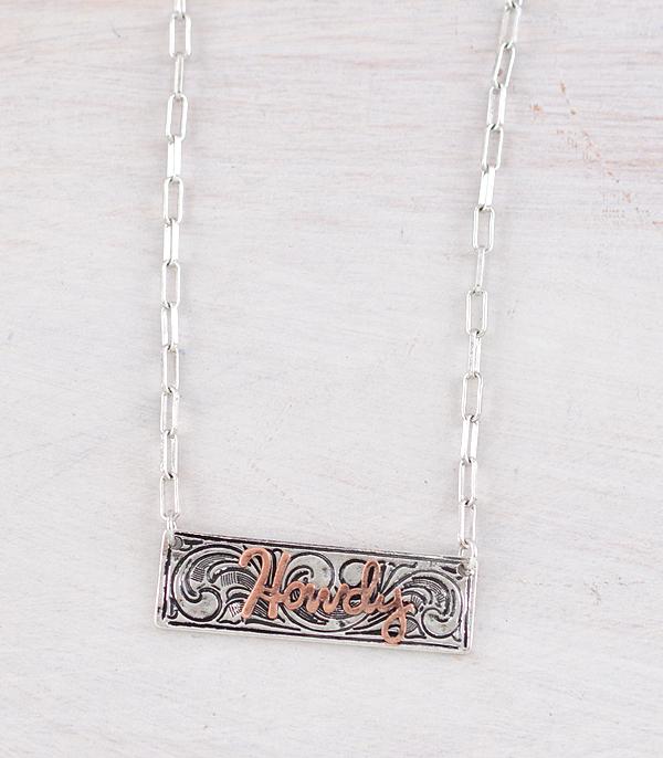 Rodeo Fashion Silver Tooled Howdy Bar Necklace - 18"