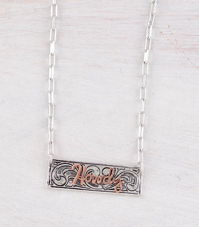 Rodeo Fashion Silver Tooled Howdy Bar Necklace - 18"