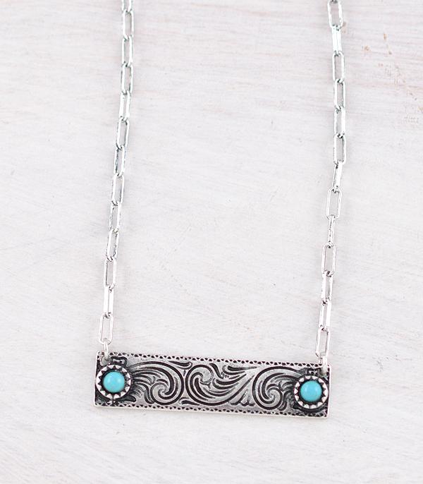 Fashion Silver Tooled Bar Necklace With Double Stone Accents - Turquoise