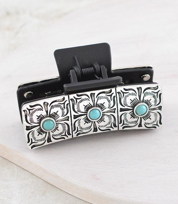 Fashion Silver Triple Floral Square Hair Claw Clip - Turquoise