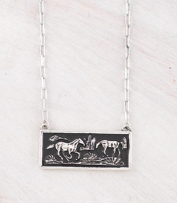 silver horse bar necklace on white background