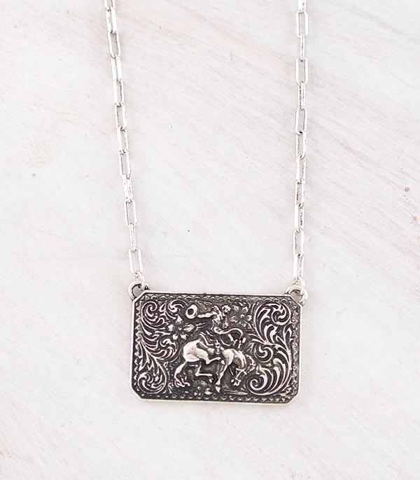 tooled bronc rider silver bar necklace  on white background
