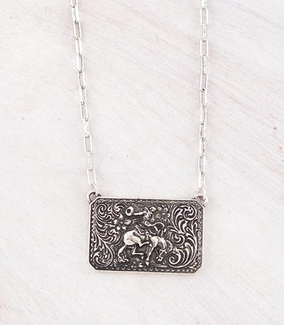 tooled bronc rider silver bar necklace  on white background