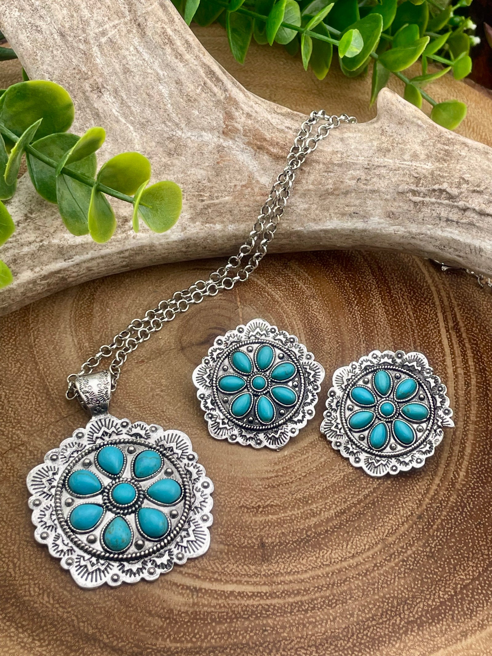 Vesta Round Medallion Necklace or Earrings - Turquoise