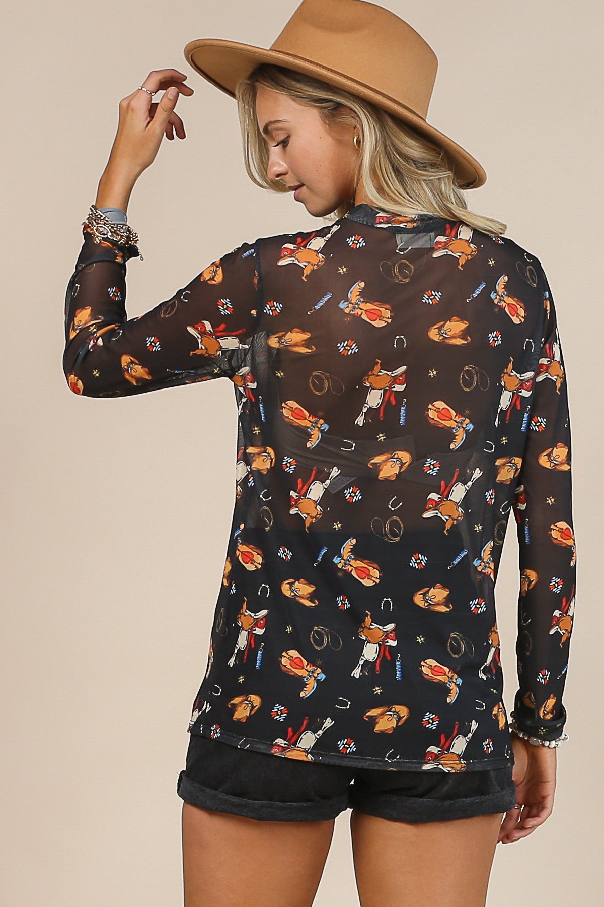 Sandy Boots and Hats Print Mesh Top