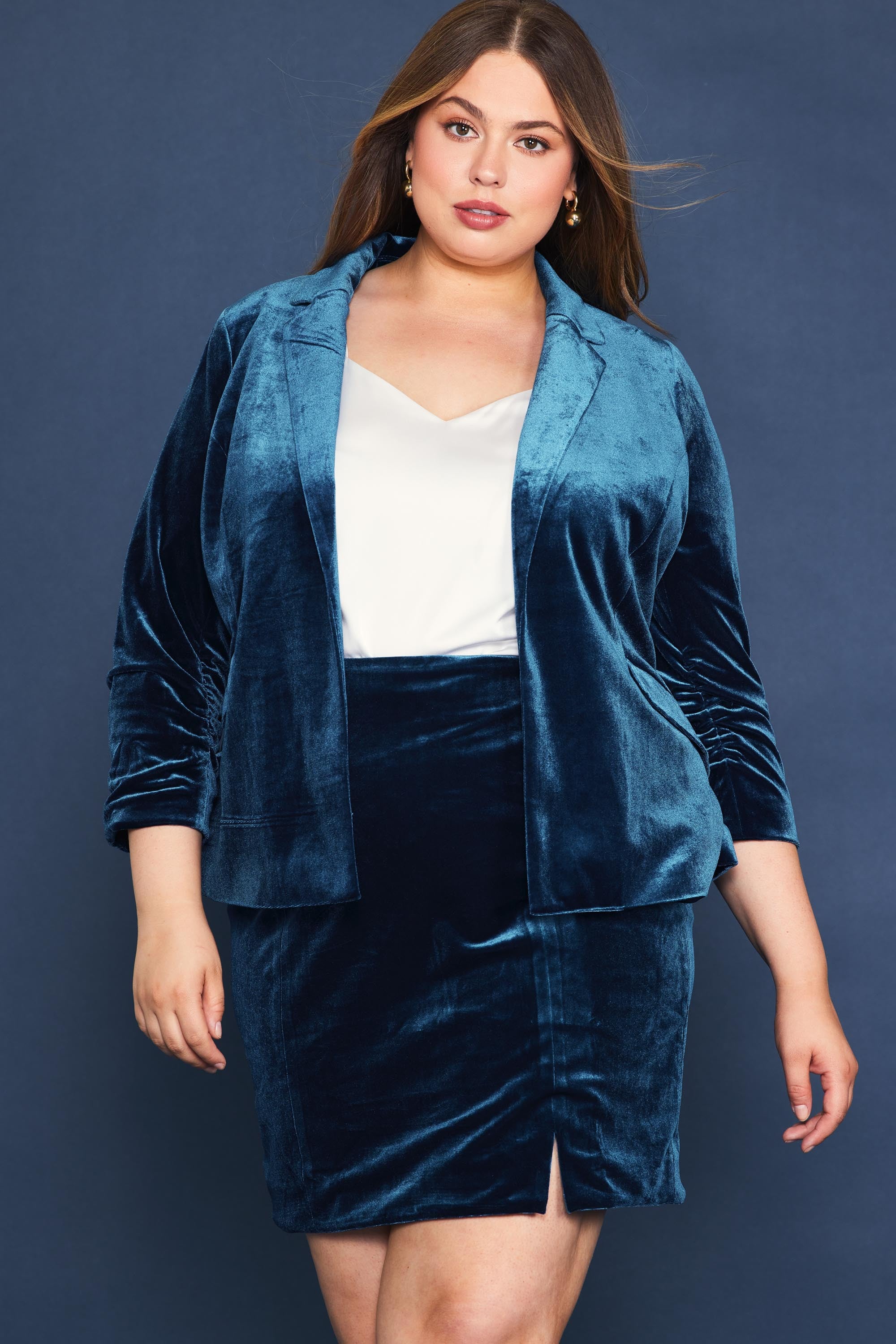 Velvet Button Detail Blazer with Bunched Sleeves