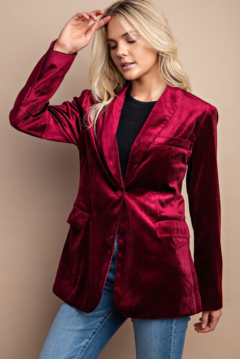 Velvet Blazer with Flap Pockets Accessorize In Style