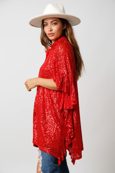 Sequin Poncho Button Down Top With Side Ruffle
