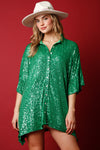 Sequin Poncho Button Down Top With Side Ruffle