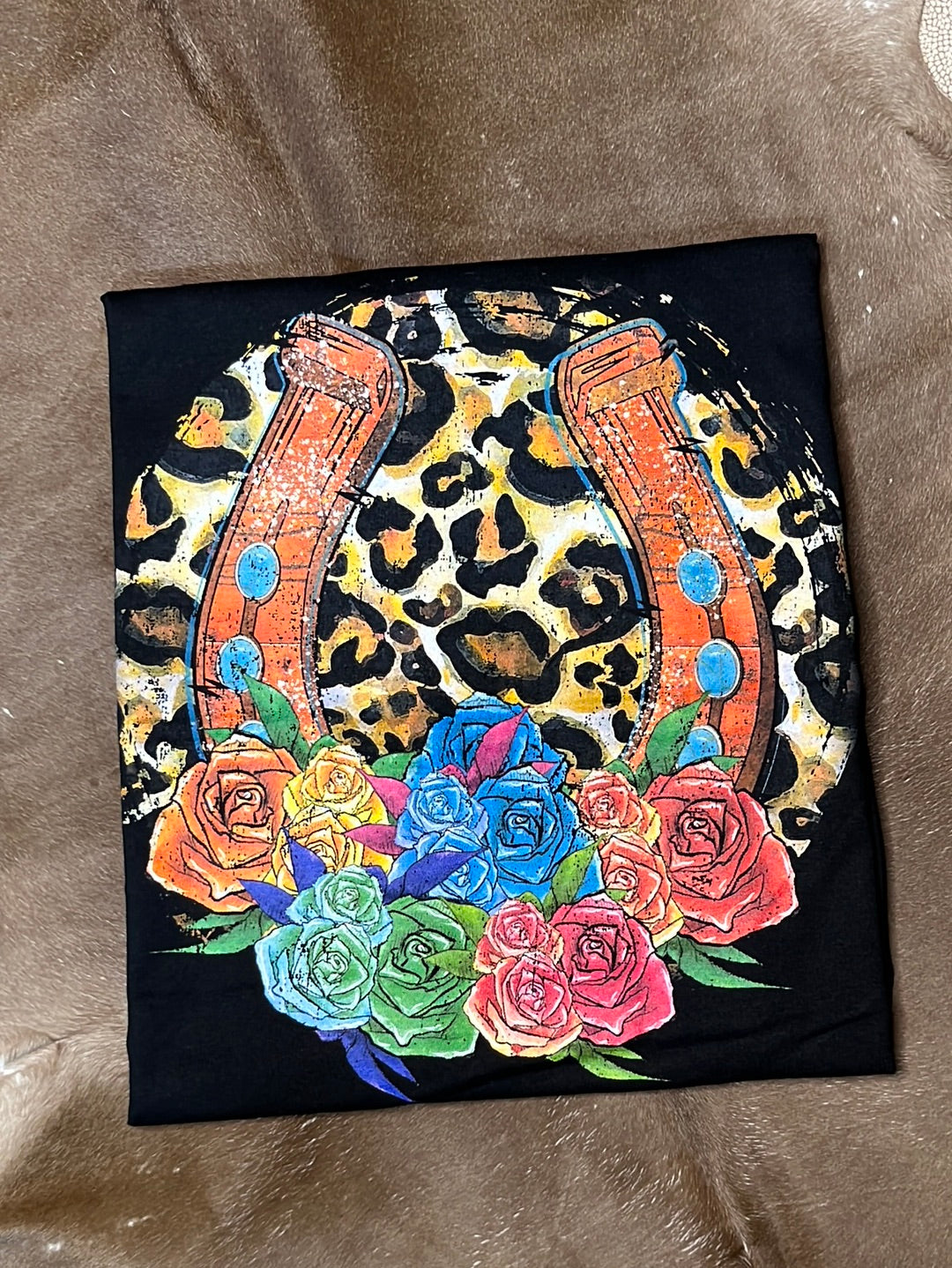 Black Leopard Horseshoe & Flowers Graphic Tee