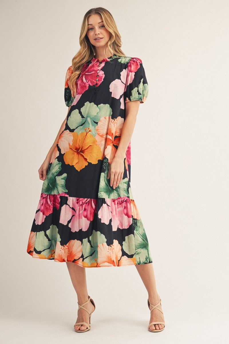 model wearing floral dress