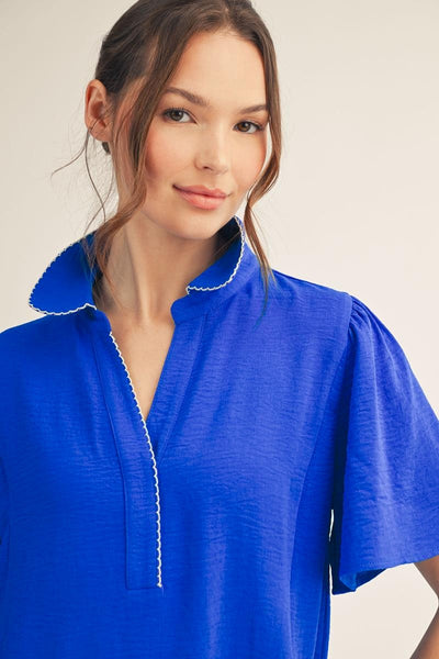 model wearing a royal blue v neck blouse